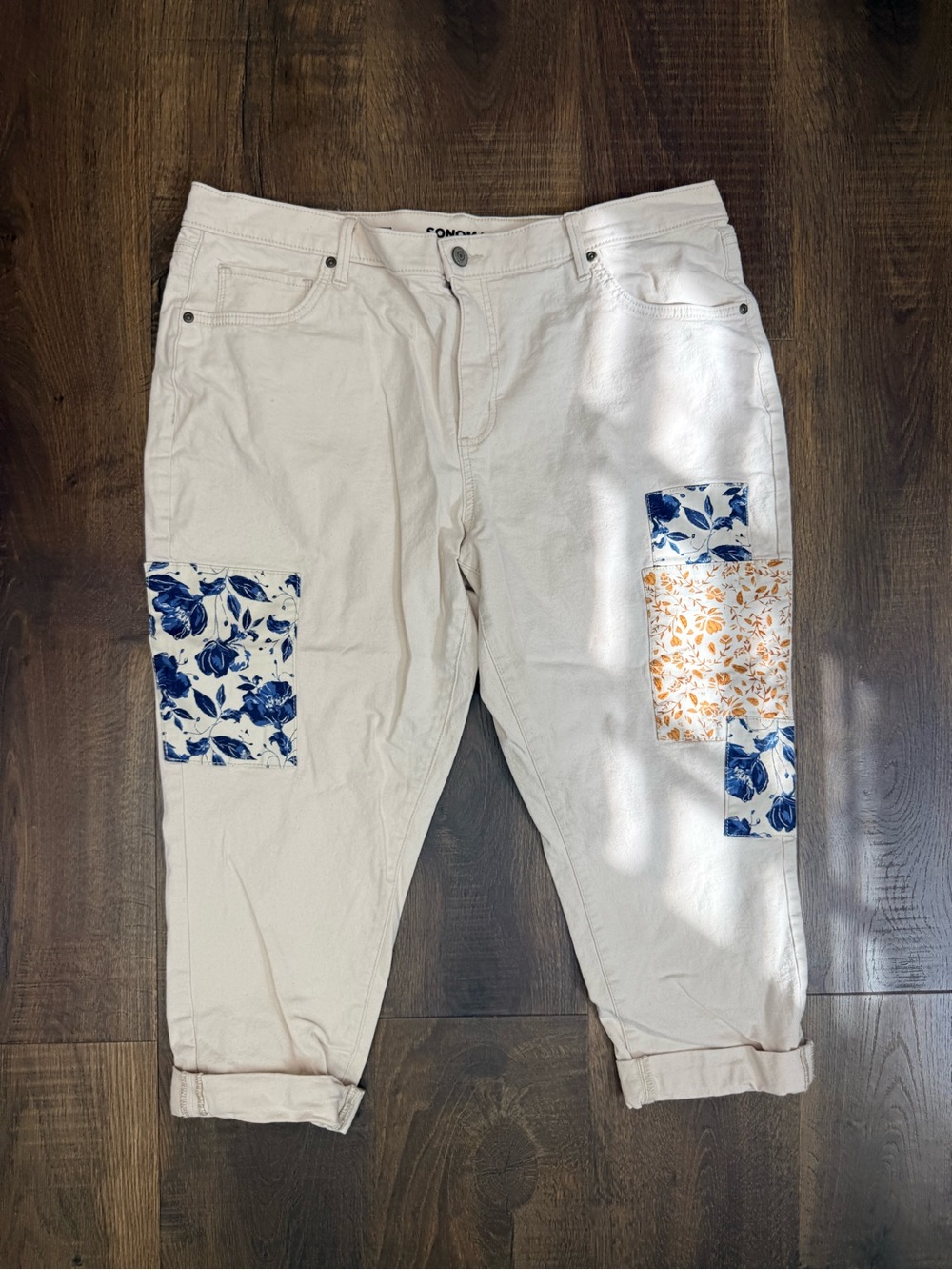 Sonoma Cream Capris with Blue & Orange Floral Patchwork